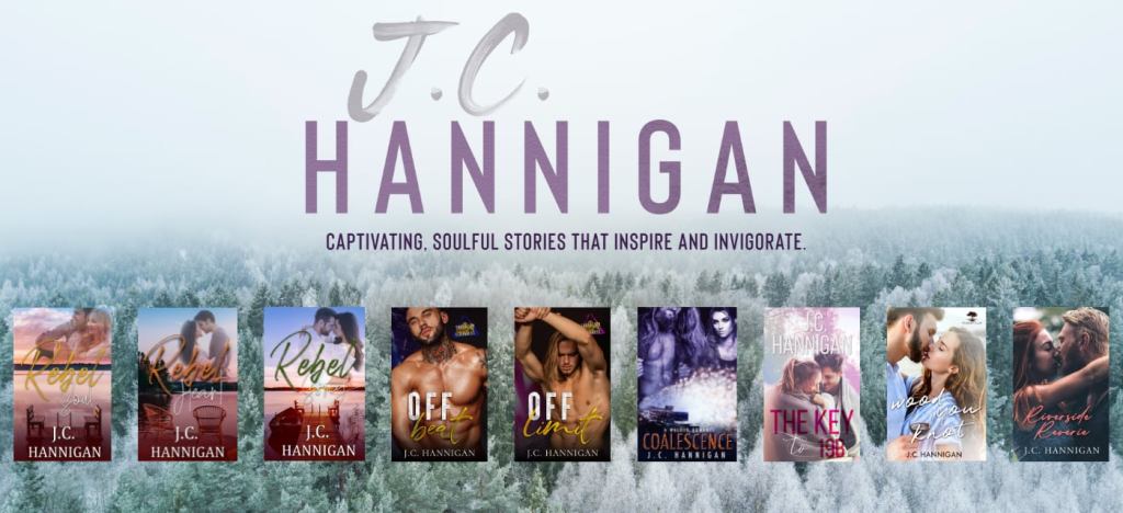 A wintery forest is the perfect backdrop for several of J.C. Hannigan's book covers. Left to right: Rebel Soul, Rebel Heart, Rebel Song, Off Beat, Off Limit, Coalescence, The Key to 19B, Wood You Knot, and Riverside Reverie. This image is also linked to Kobo's website keyword search J.C. Hannigan. 