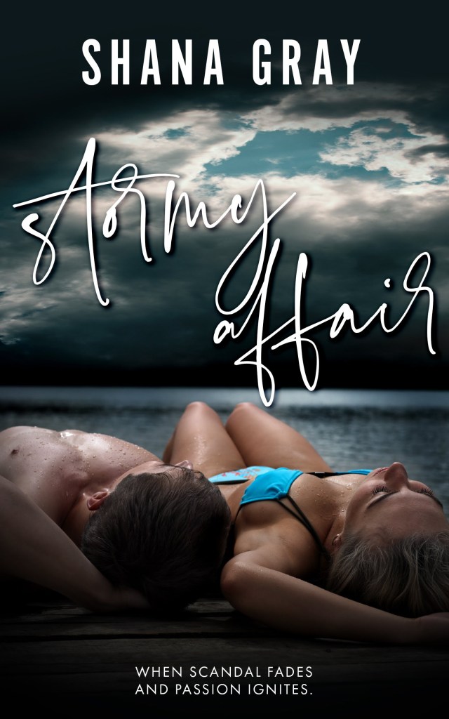 Cover image of Stormy Affair by Shana Gray "When scandal fades and passion ignites". A man and woman recline on a dock near a beach with storm clouds brewing. 