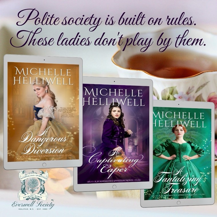 The 3 beautiful covers for the Scandalous Spinster series. A Dangerous Diversion in gold, A Captivating Caper in purple and A Tantalizing Treasure in green. I'm really sorry that I'm not good at describing things. - Catherine at HEA Canada