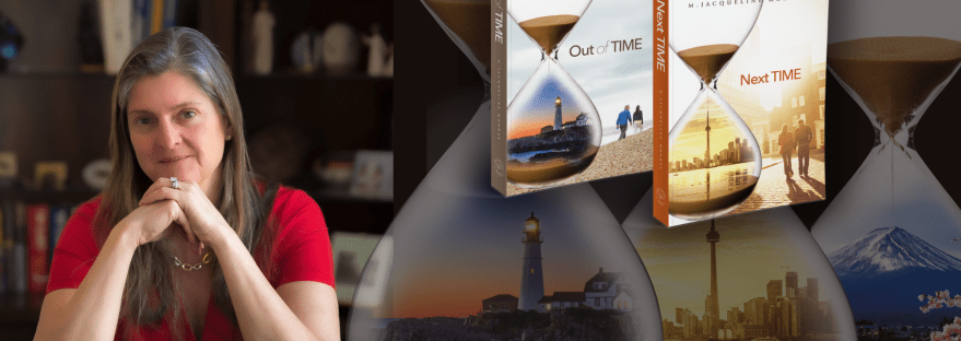 An image of M. Jacqueline Murray, a beautiful white woman with long silvery hair of indeterminate age but let's say over 25 for sure, wearing a bright red short sleeved top sitting at her desk in her office with the covers of her first 2 books superimposed beside her and behind them 3 hour glasses each featuring something from her books: in one a lighthouse, in another the Toronto skyline, and in the third a mountain.