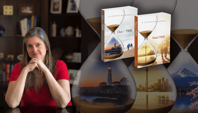 An image of M. Jacqueline Murray, a beautiful white woman with long silvery hair of indeterminate age but let's say over 25 for sure, wearing a bright red short sleeved top sitting at her desk in her office with the covers of her first 2 books superimposed beside her and behind them 3 hour glasses each featuring something from her books: in one a lighthouse, in another the Toronto skyline, and in the third a mountain.