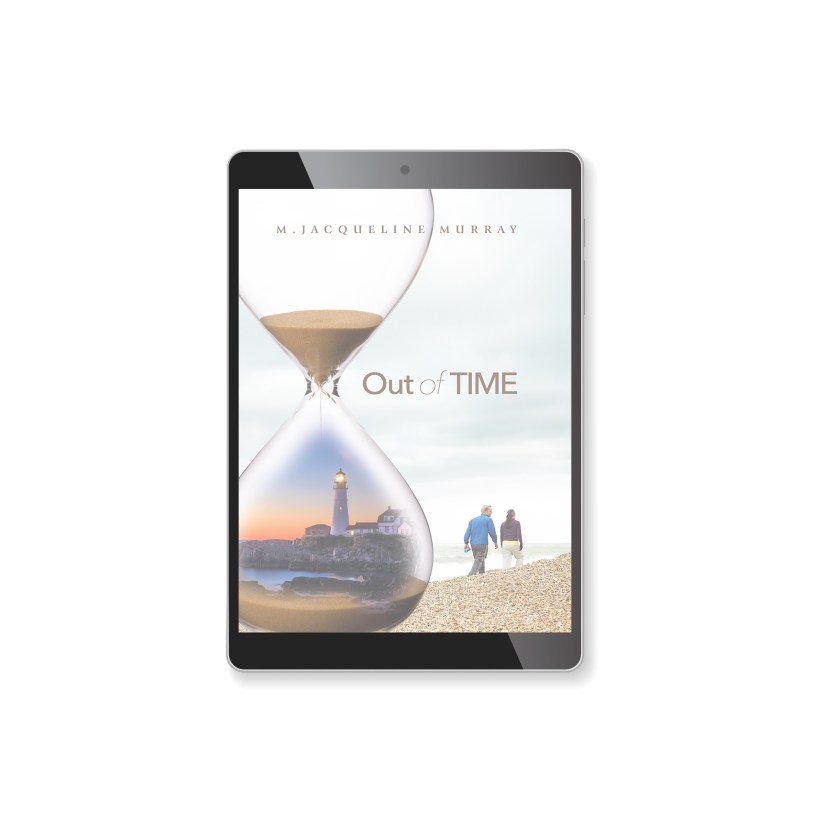 The cover of Out of Time by M. Jacqueline Murray, featuring a white man and woman presumably in their 70s walking along a stone beach. Superimposed beside them is an hourglass with a lighthouse inside.