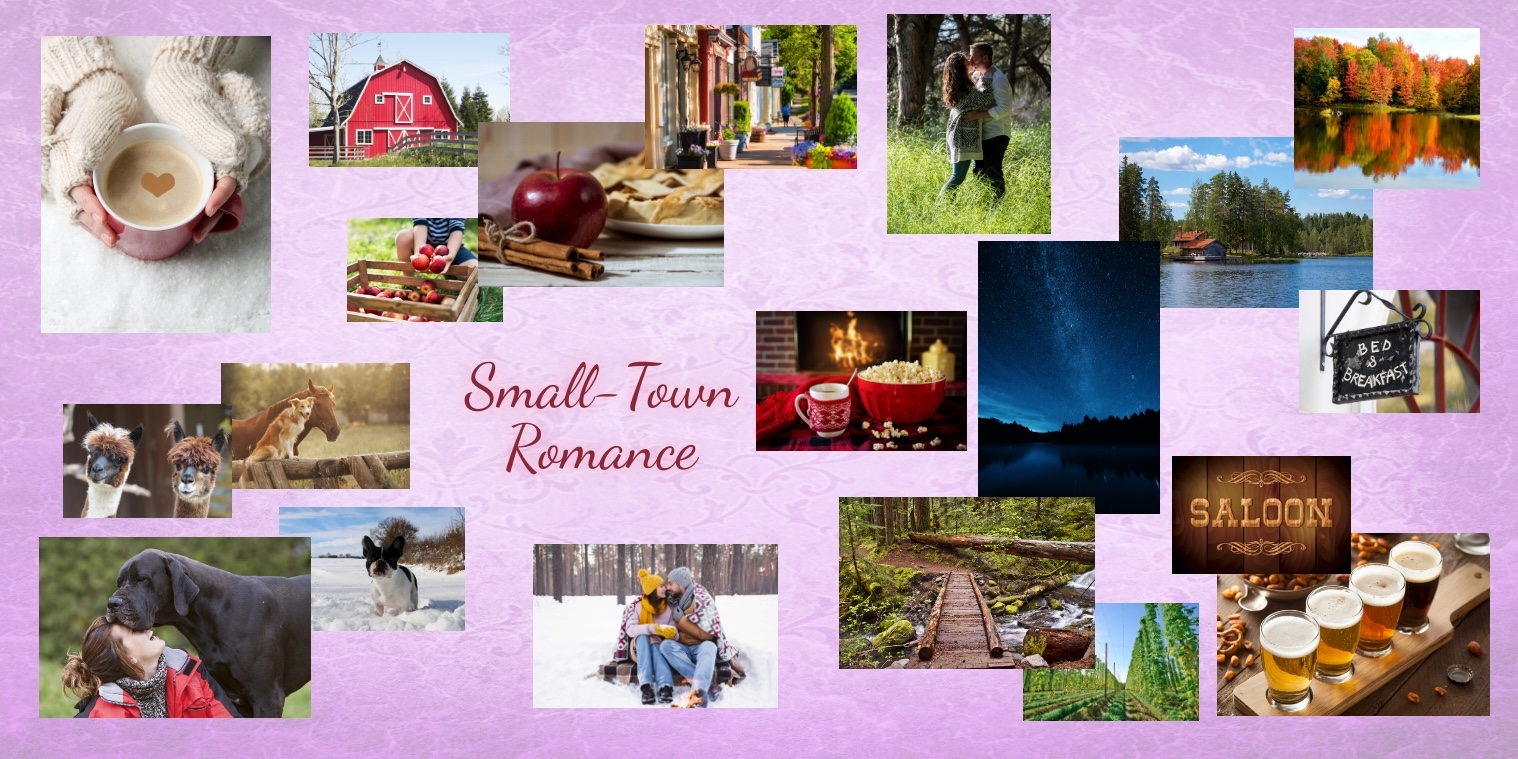 A collage of smalltown romance related photos like a barn and a couple snuggled up on a snowy picnic and the night sky.