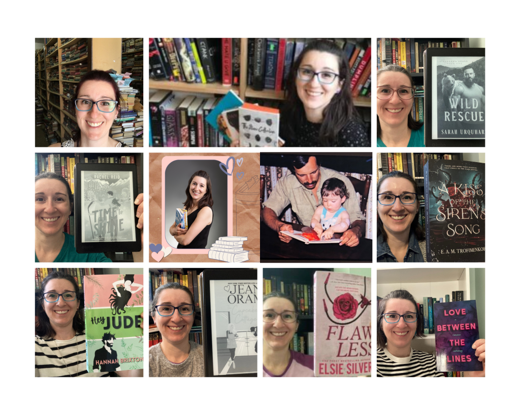 A collage of a white woman with brown hair holding different Canadian romance books, and one picture as a child with her father.