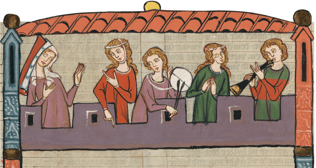 A medieval manuscript illustration of people playing musical instruments.