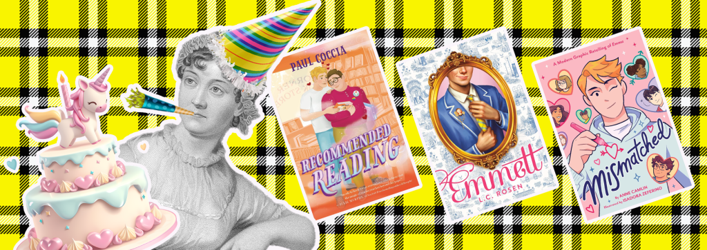 Etching of woman in multicolour party hat with party blower and unicorn-topped birthday cake with three book covers on plaid background. 