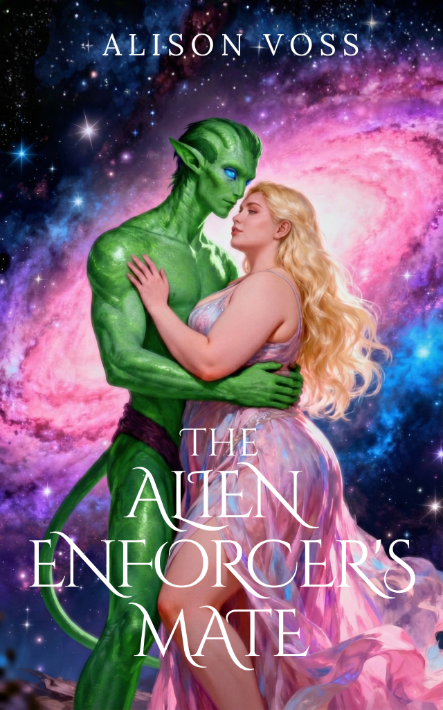 The cover shows two figures standing close together against a deep-space background filled with stars and swirling nebula clouds in pink, purple, and blue. On the left is a tall, muscular alien male with green skin. His skin appears smooth and slightly reflective, and his features are sharp and humanoid but clearly nonhuman. He has pointed ears, glowing blue eyes, and a strong jaw. His expression is calm and focused, and he is looking down at the woman in front of him. His arms are wrapped around her waist in a protective, steady hold. On the right is a human woman with long, flowing blonde hair that falls over her shoulders and down her back. She has a curvy body and is wearing a soft, sleeveless dress in pale pastel tones. She is facing the alien, her head tilted slightly upward toward him, and one hand rests on his chest. Her expression is serious and intimate rather than playful. The two figures are positioned very close together, suggesting trust and emotional connection rather than action or conflict. At the top of the cover, the author name “Alison Voss” appears in white lettering. At the bottom, the title “The Alien Enforcer’s Mate” is written in large, elegant white text that overlaps the lower portion of the couple. Overall, the image conveys a romantic science-fiction tone, emphasizing protection, intimacy, and a bond between a human woman and an alien partner set against a cosmic backdrop.