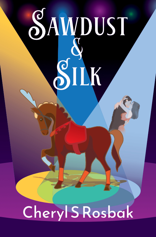 A colourful, sylized image of a horse with a feather on its head in a circus ring, with spotlights shining down. In the background, under one of the lights, is a male/female couple occupied in a searing kiss.