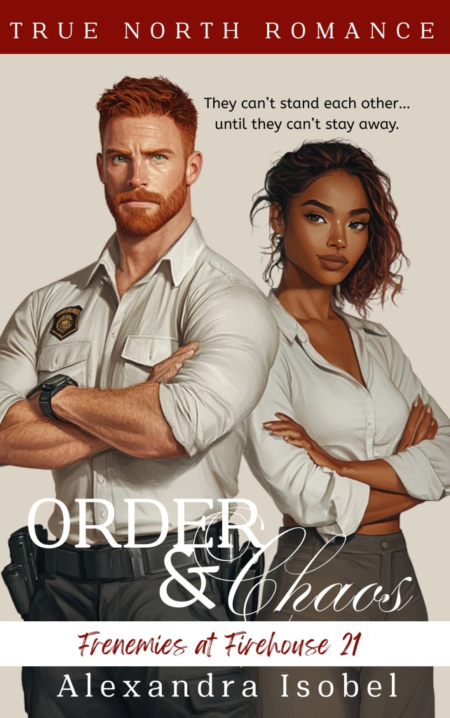 Red headed fire fighter with his arms crossed leaning against a black woman in office clothes also with arms crossed.