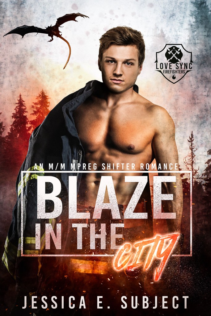 The cover for Blaze in the City by Jessica E. Subject shows a light-skinned, dark-haired, bare-chested man with a firefighter coat over his shoulder. There are trees behind him and a dragon flying above the trees. In front of him are sparks. This book is part of the Love Sync Firefighters shared world.
