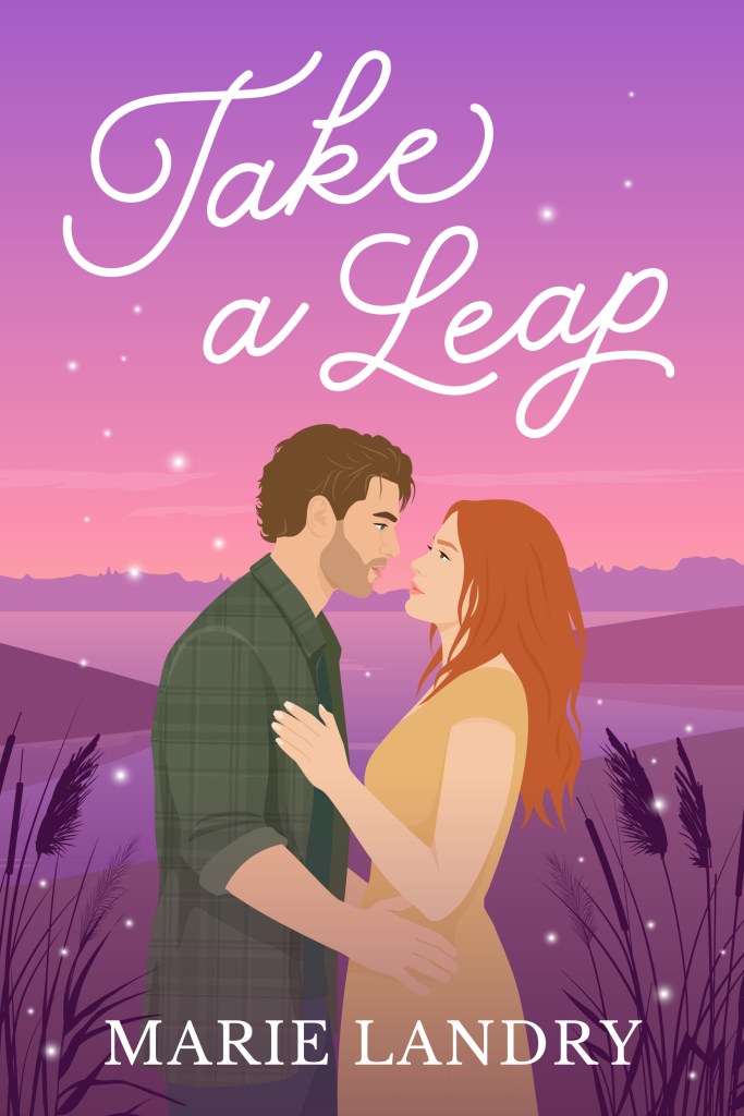 An illustrated cover featuring a white couple with a pink and purple sunset background and fireflies around them
