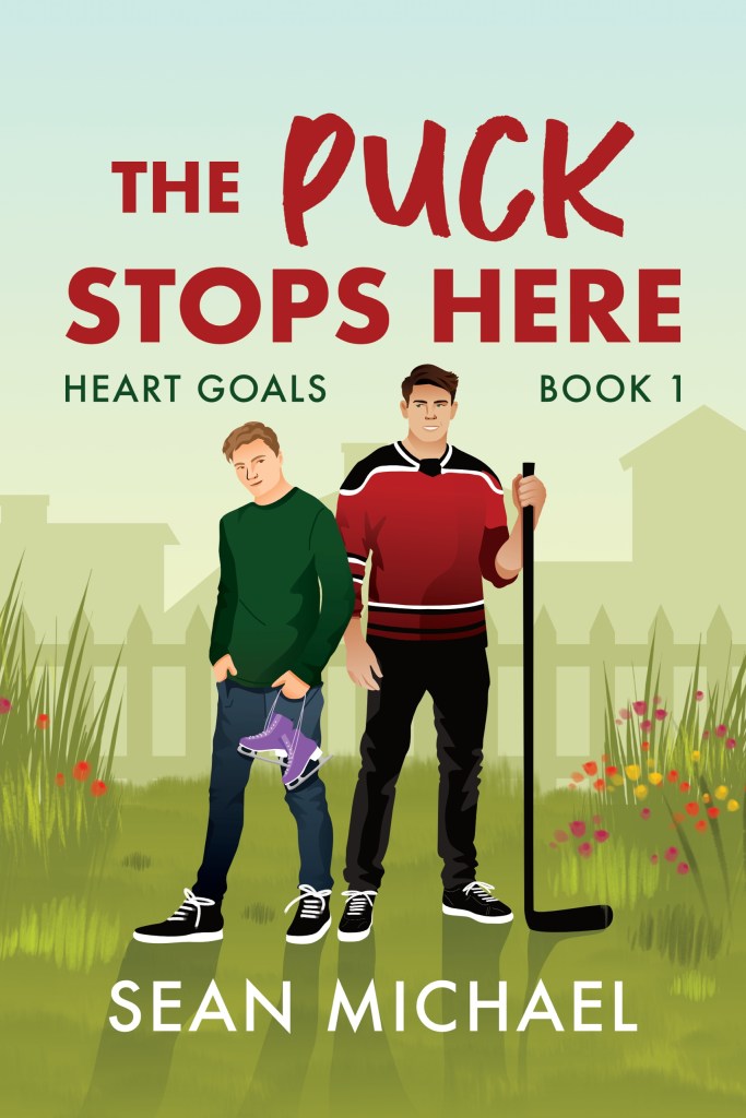 The cover of The Puck Stops Here shows two men, one holding a hockey stick the other holding children's sized skates