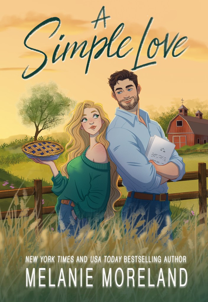 A Simple Love, farm land background, couple back to back holding a pie & a script
