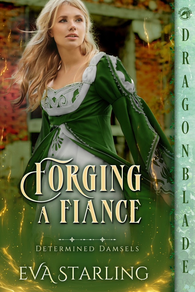 Young, blonde woman in a flowing, green, medieval gown.
