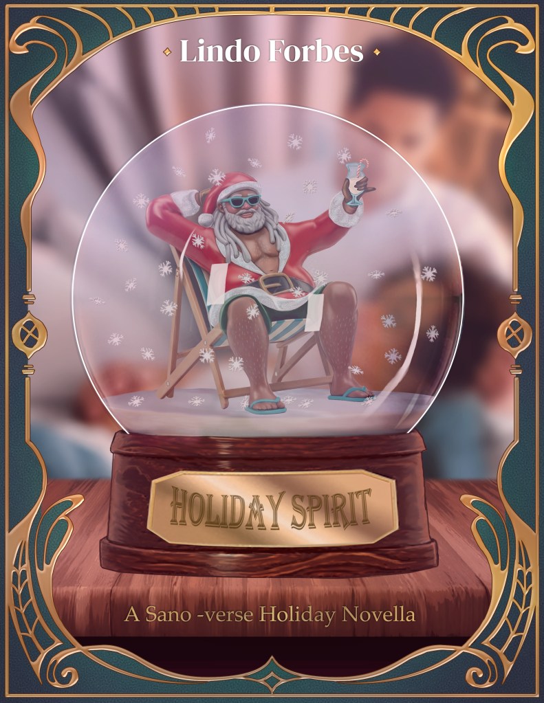 In the background, a Filipino-Canadian man and a Black woman cuddle on a couch. In the foreground is a snow globe with a Black Santa sitting in a beach chair wearing board shorts while sipping an umbrella drink.