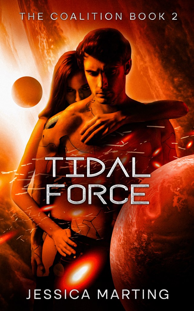 Red-coloured cover with a male figure in the foreground, with metal cybernetic components embedded in his skin. He is embraced from behind by a woman with long dark hair.