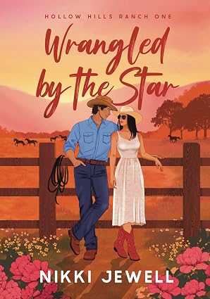 Illustrated picture of a cowboy in a blue shirt and a woman in a white lace dress. On a background of a ranch with a fence and horses in the background.