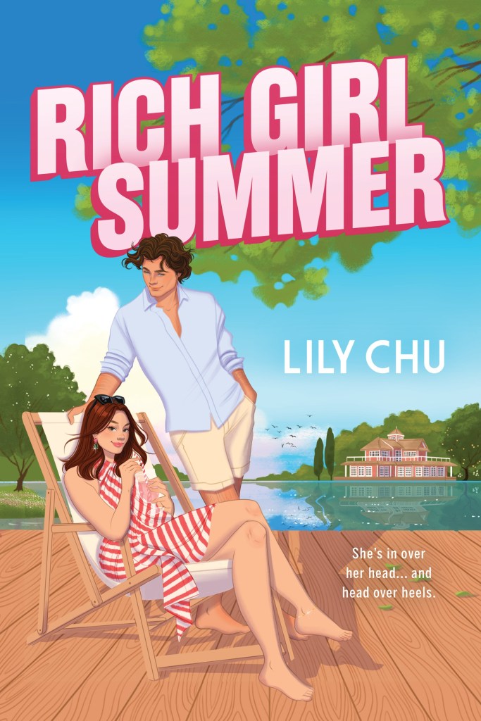 An illustrated cover with two people on a dock at the cottage. The women is in a deck chair and wears a red and white striped dress, while the man leans over her wearing shorts and a blue shirt. In the background is a lake and summer house.