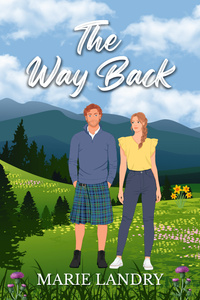 An illustrated couple - him, a white, auburn-haired man in a blue sweater, kilt, and boots, and her, a white brunette wearing a yellow short-sleeved shirt, jeans, and sneakers - against an illustrated background of mountains, trees, and flowers