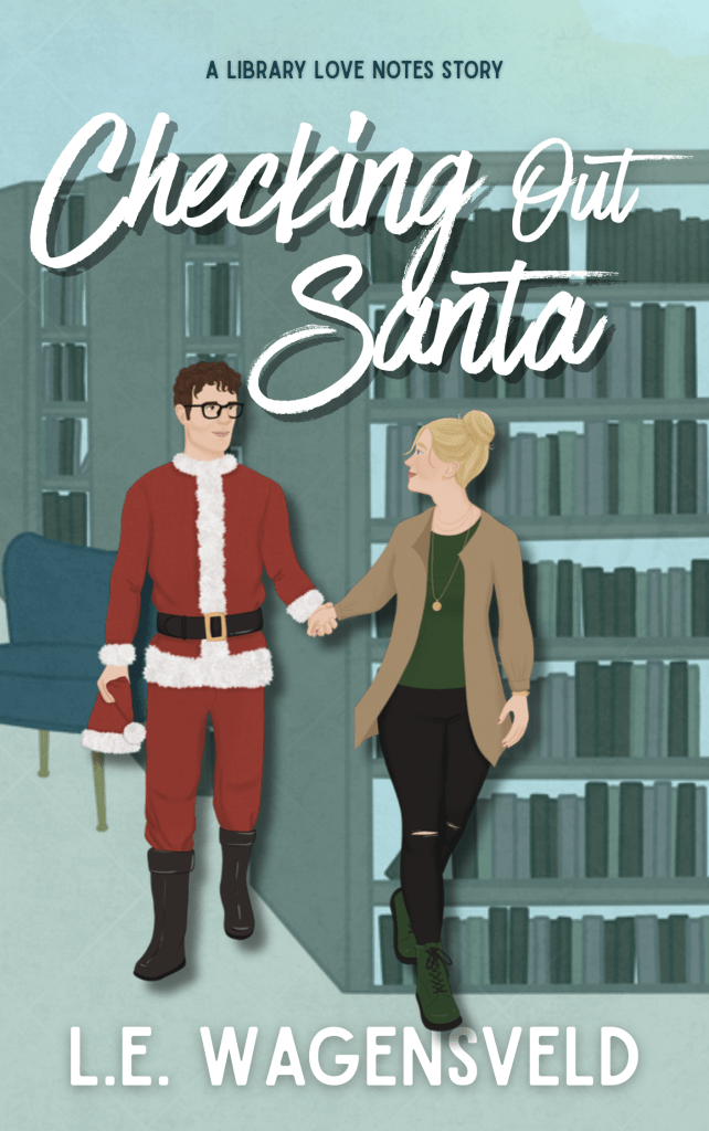 Green cover with hand drawn man and woman, man is wearing a Santa Claus suit, title in white says Checking Out Santa