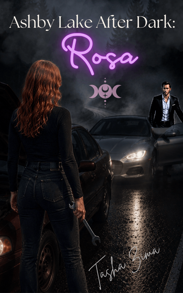 A red headed woman standing on a foggy rainy road, in her hand is a wrench. In the distance, a well dressed man is leaning up against his silver sportscar.